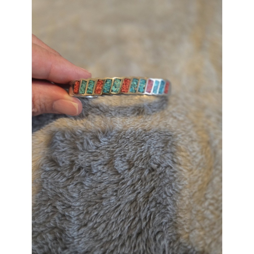 Vintage Native American Navajo Crushed Turquoise And Coral Silver Cuff Bracelet